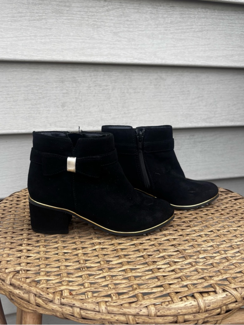 The Children's Place Girls Black Faux Suede Bow Ankle Boots with Gold Trim- 12